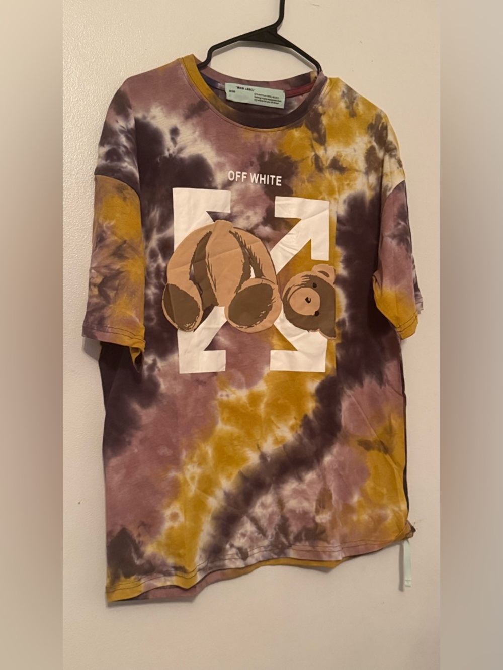 Off-White Tie-Dye Bear Graphic Tee in Mustard, Brown, Purple